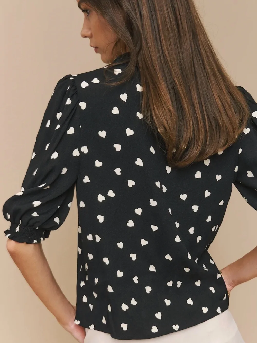 Reformation Black Heart-Print Tie-Neck Blouse